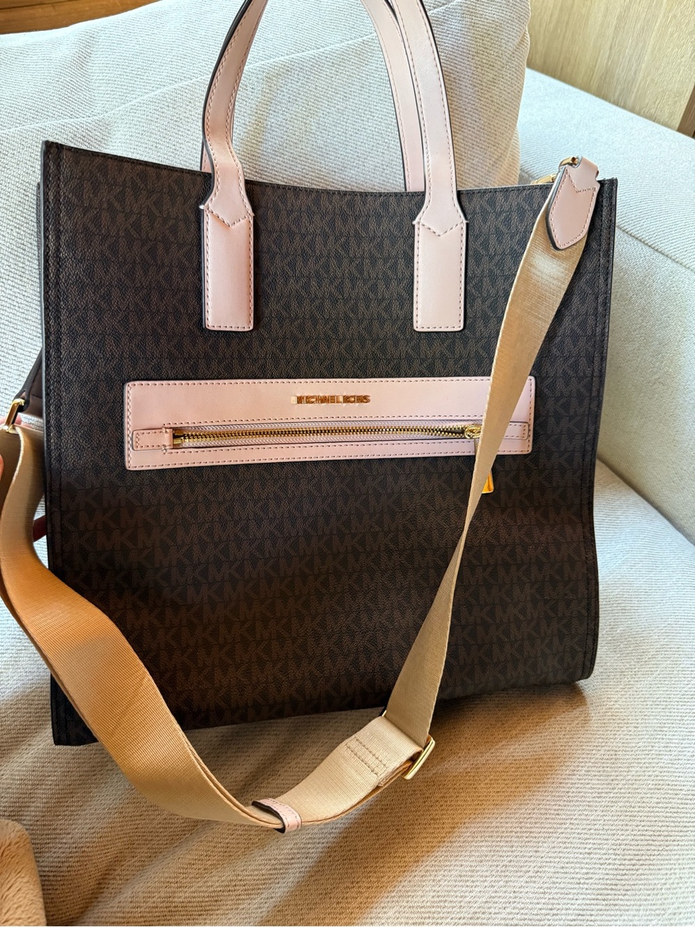 Michael Kors Brown & Pale Pink MK Logo Tote with Adjustable Strap